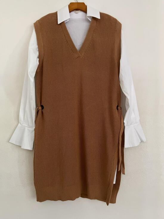Elan Dresses & Skirts - Elan Dress Womens M Brown Knit Layered Sweater Shirt V Neck Collared Side Tie